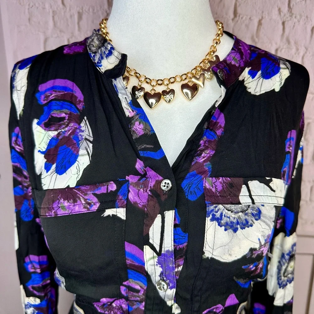 J. Crew Floral Patterned Top - Black, Purple, Blue, white‎ size 2 blouse